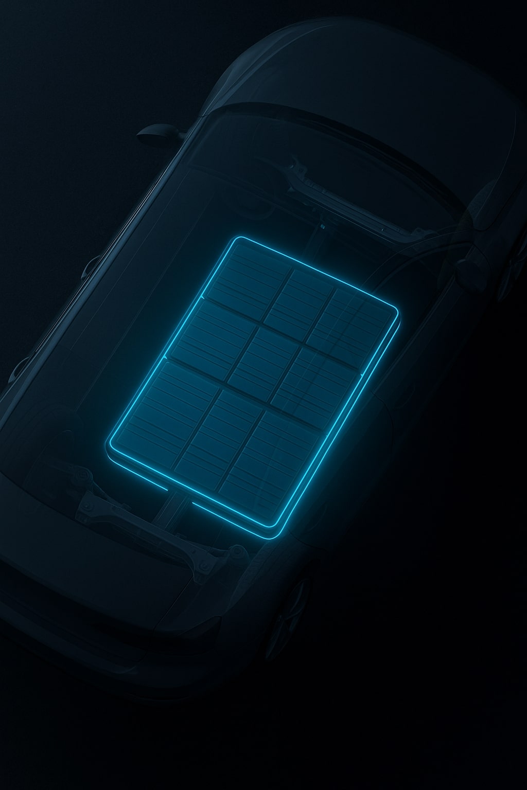 Bild in Vogelperspektive von einer Batterie, welche in einem E-Auto eingebaut ist